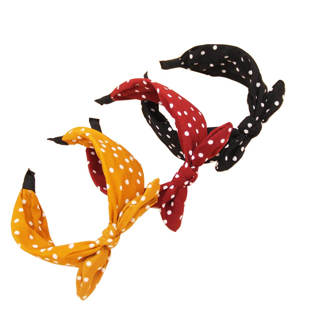Furling Pompoms Polka Dot Headband for Women Bow Tie Knotted Hair Bands Headwrap Bunny Ear Hair Hoops Hair Accessories Pack of 3pcs