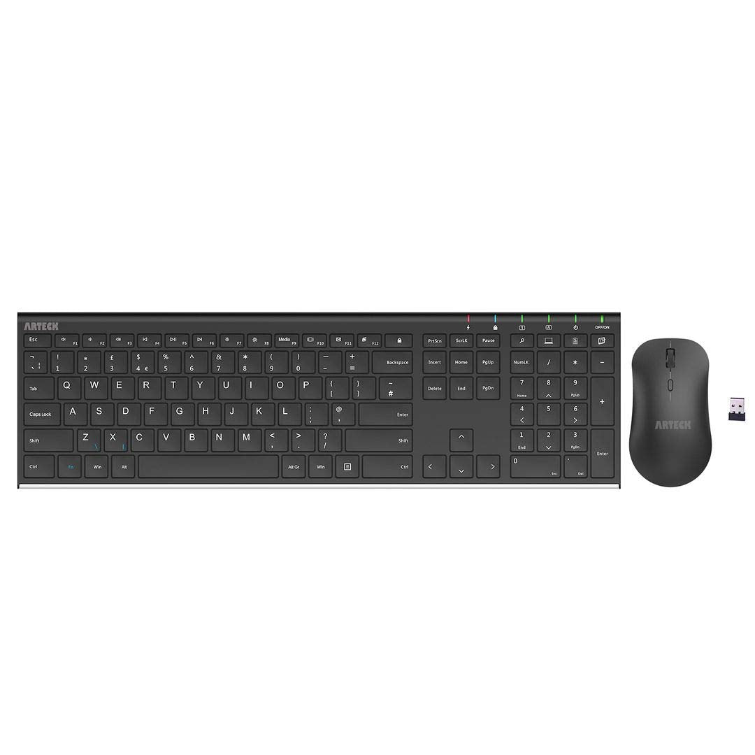 Arteck 2.4G Wireless Keyboard and Mouse Combo Stainless Steel Ultra Slim Full Size Keyboard Keyboard and Ergonomic Mice for Computer Desktop PC Laptop and Windows 10/8/7 Build in Rechargeable Battery