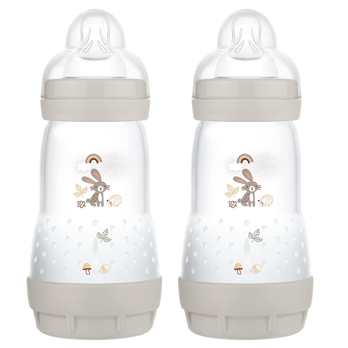 MAM Easy Start Self Sterilising Anti-Colic Baby Bottle Pack of 2 (2 x 260 ml), MAM Bottles with Medium Flow MAM Teats Size 2, Newborn Essentials, Grey (Designs May Vary)