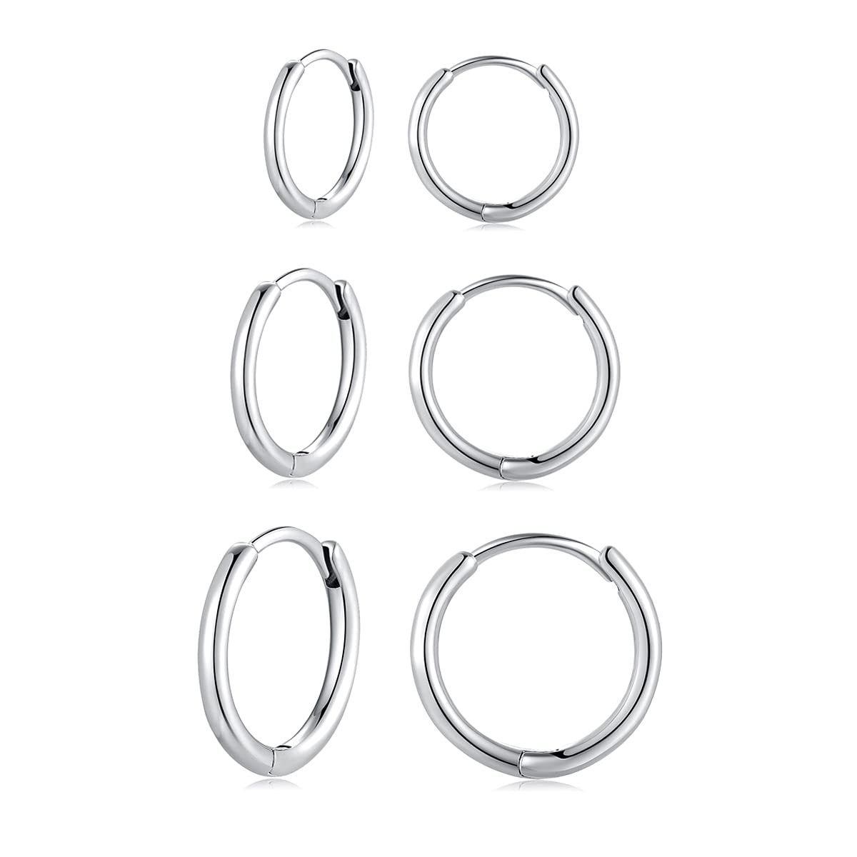Deyanse Silver Hoops Earrings for Women, 925 Sterling Silver Hoop Earrings Set, Silver Small Sleeper Huggie Hinged Hoop Earrings, Hypoallergenic Silver Unisex Hoop Earrings Set in 10, 12, 14mm