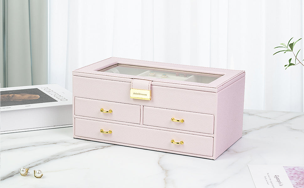 ADEL DREAM Jewellery Box Jewellery Box with 2 Drawers, Lockable Jewellery Organiser with Mirror, Removable Travel Box for Rings, Bracelets, Earrings, Velvet Lining (J11-6White)