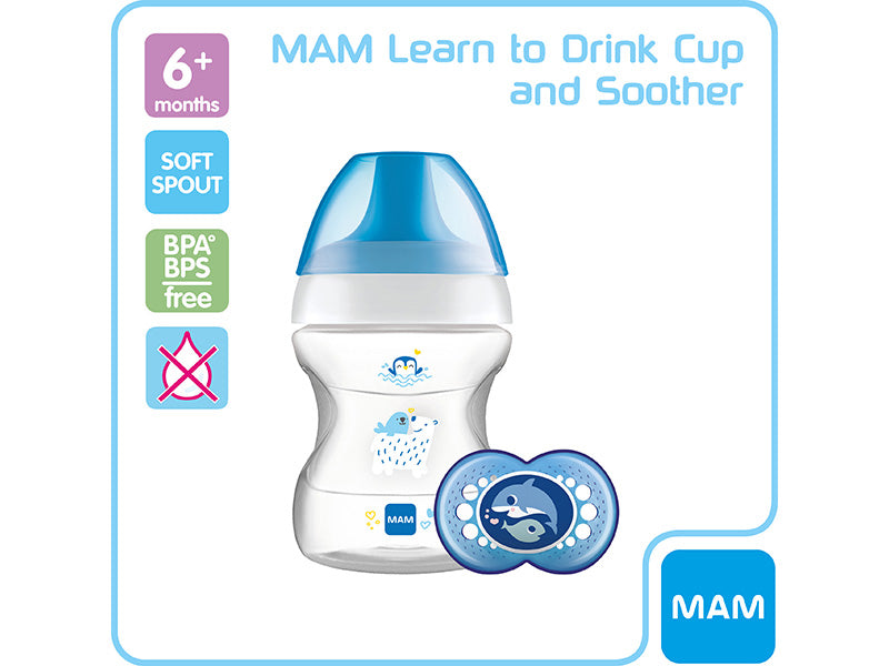 MAM Learn to Drink Cup, Bottle Handles and Soother, 6+ Months Baby Cup with Removable Handles, Baby Feeding Accessories, 190 ml, Blue (Designs May Vary)