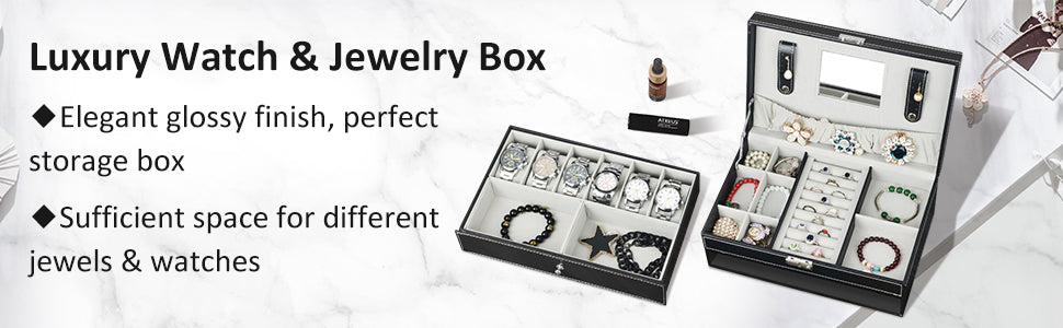 Watch Jewellery Storage Box Case: Drawer Watches Jewelery Boxes with Mirror & Lock - Large Double Layer PU Leather Watch Holder Display Organiser for Men Women Jewelry Ring Earring Cufflink Bracelet