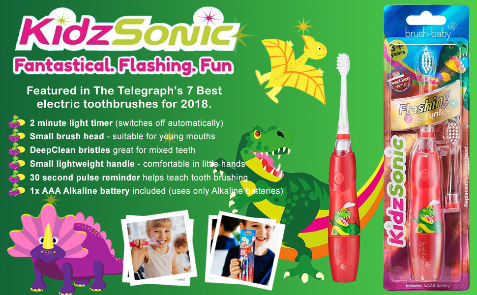 Brush Baby KidzSonic Toddler and Kid Electric Toothbrush for Ages 3+ Years - Disco Lights, Gentle Vibration, and Smart Timer Provide a Fun Brushing Experience - Dinosaur