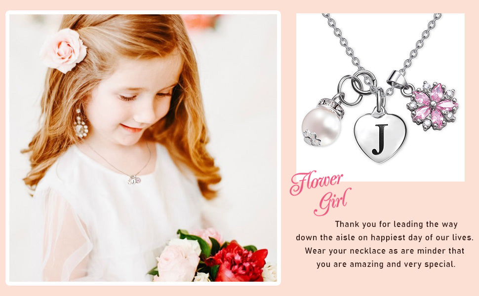 Flower Girl Gift Letter Necklaces for Girls Initial A-Z Heart Pendant Dainty Pearl Necklace Crystal Flower Girl Proposal Wedding Gifts Birthday Jewelry Present
