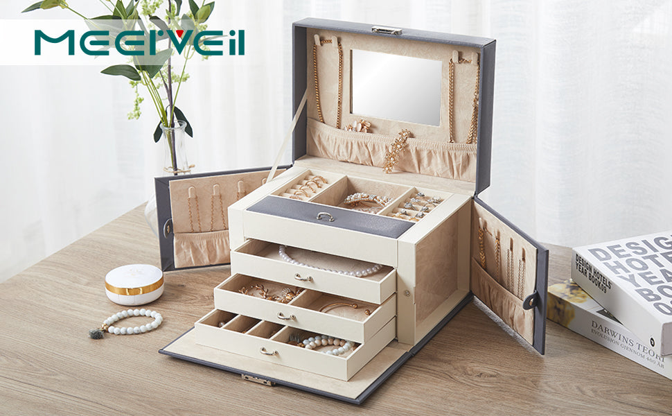 Meerveil Jewellery Box, Jewelry Case with Lock Mirror and 3 Removable Drawers, 26 x 19 x 18 cm, 4 Tier Large Space Women Girls Jewellery Organizer for Earrings Rings Necklaces Bracelets, Grey