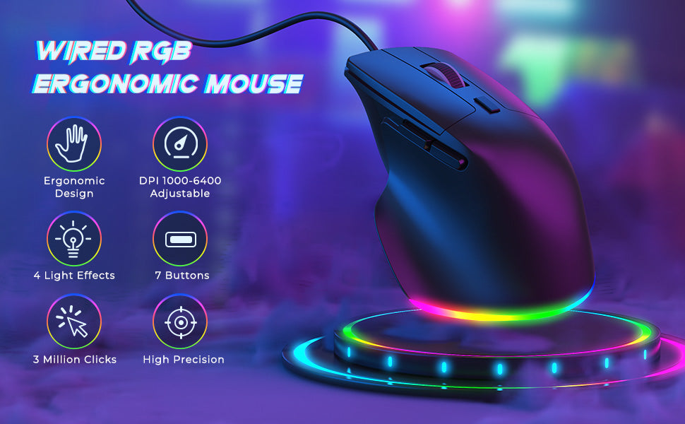 Wired Ergonomic Mouse, RGB mice with Thumb Rest, 1000/1600/3200/6400 Adjustable DPI, Stable Connection Illuminated Backlight Wired Mice with for PC Computer Laptop Desktop, Black