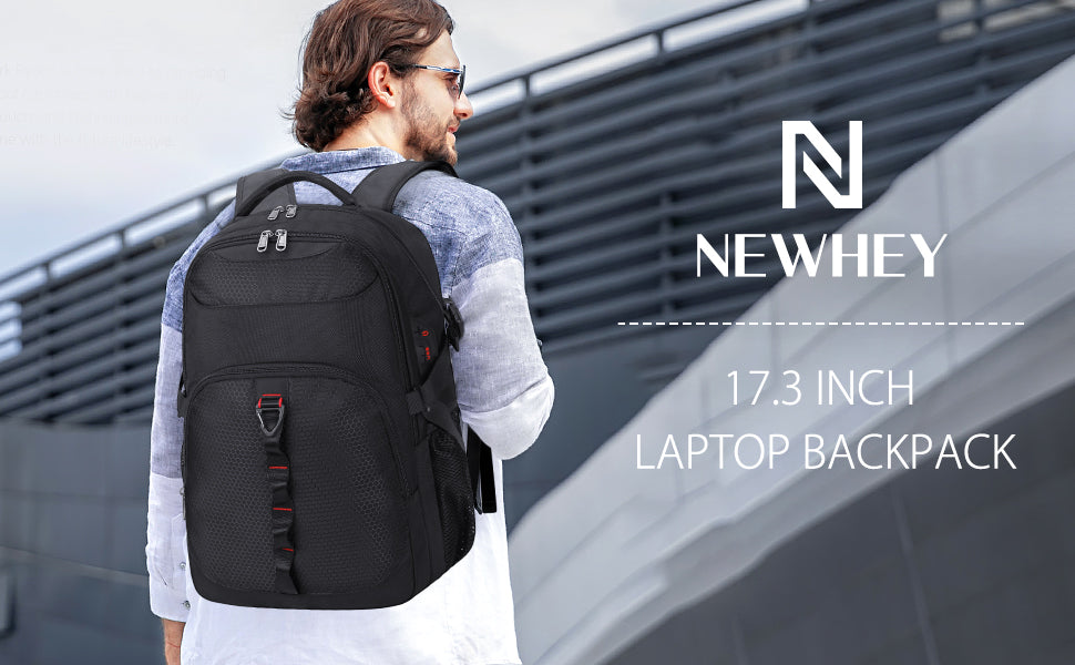 NEWHEY Laptop Backpack Men 17.3 Inch with Cable Organiser Bag Large Rucksacks for Men Water Resistant Laptop Bag Travel Business School Bag Black Black