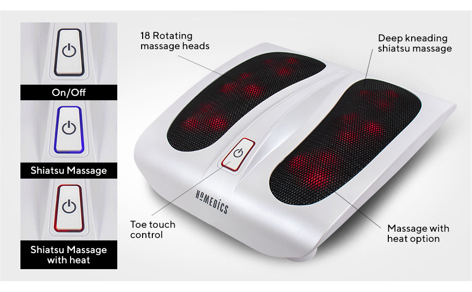 HoMedics Shiatsu Foot Massager with Heat - Deep Kneading, Deluxe Heated Foot Massager, 6 Rotating Massaging Nodes and 18 Massage Heads, Portable, Mains Powered with Easy Toe Touch Control - White