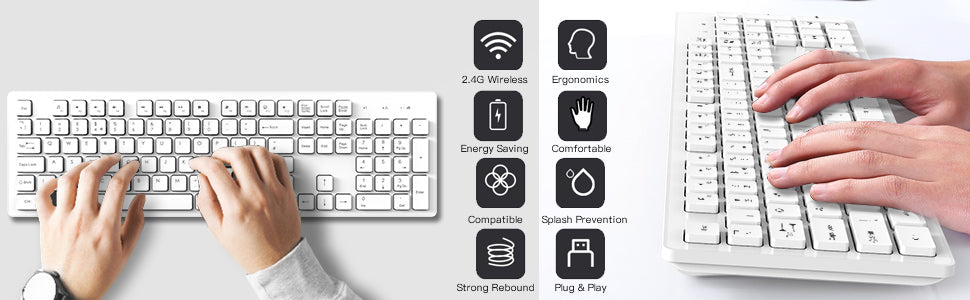 Wireless Keyboard & Mouse, TedGem Wireless Keyboard and Mouse 2.4G Mouse Keyboard Wireless Ergonomic Keyboard Mouse Set, 105 Keys for PC Desktops, Laptops, Mac OS & Windows (UK Layout) (White)