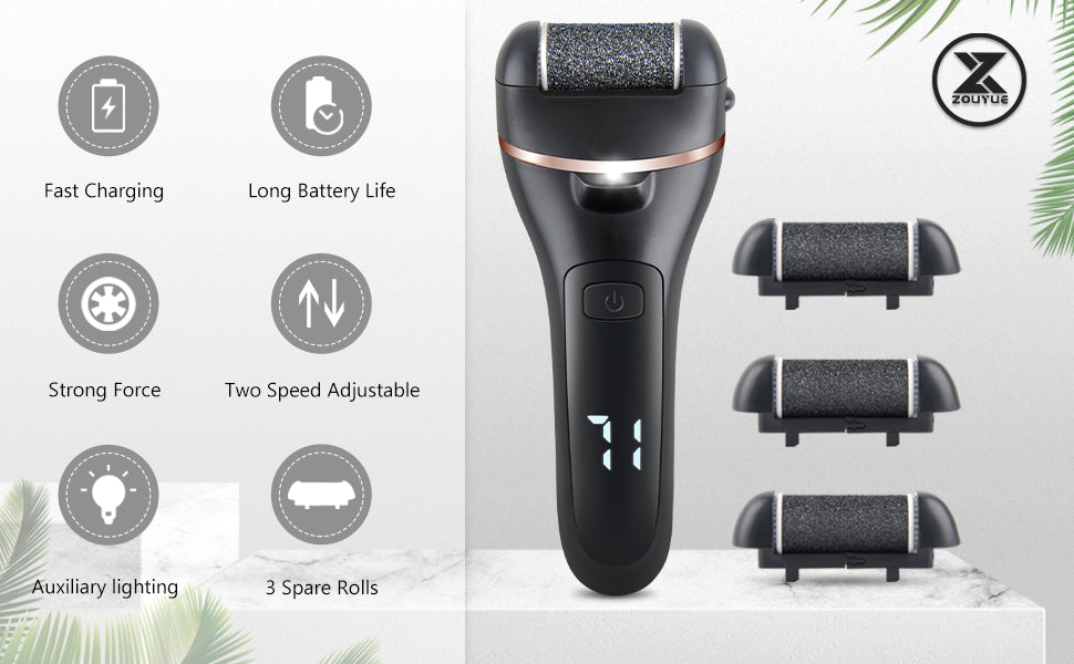 ZOUYUE Electric Foot File Pedicure Set, Rechargeable Waterproof Hard Skin Remover with 3 Rollers and 2 Speeds, Callus Remover Foot Care Gift Kit for Cracked Heels Calluses and Dead Skin(Black)