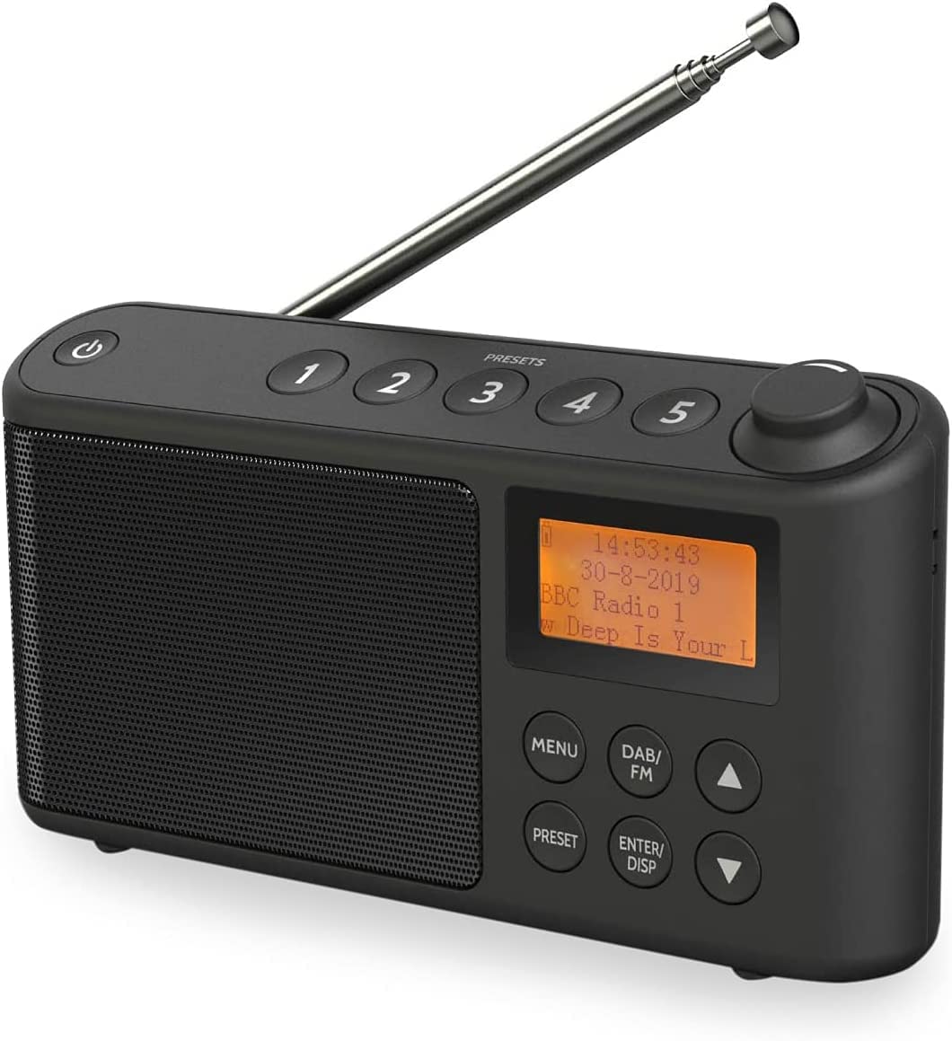 DAB/DAB+ & FM Radio, Mains and Battery Powered Portable DAB Radios Rechargeable Digital Radio with USB Charging for 15 Hours Playback (Black)