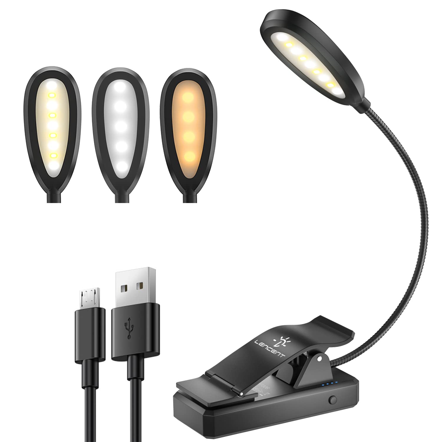 LENCENT 9 LED Book Light, 3 Colors and 9 Brightness Modes (Warm & White LEDs) USB Rechargeable Clip Reading Light for Kids, Clip on Lamp Built in Battery for Book, Travel, etc [USB Cable Incl]