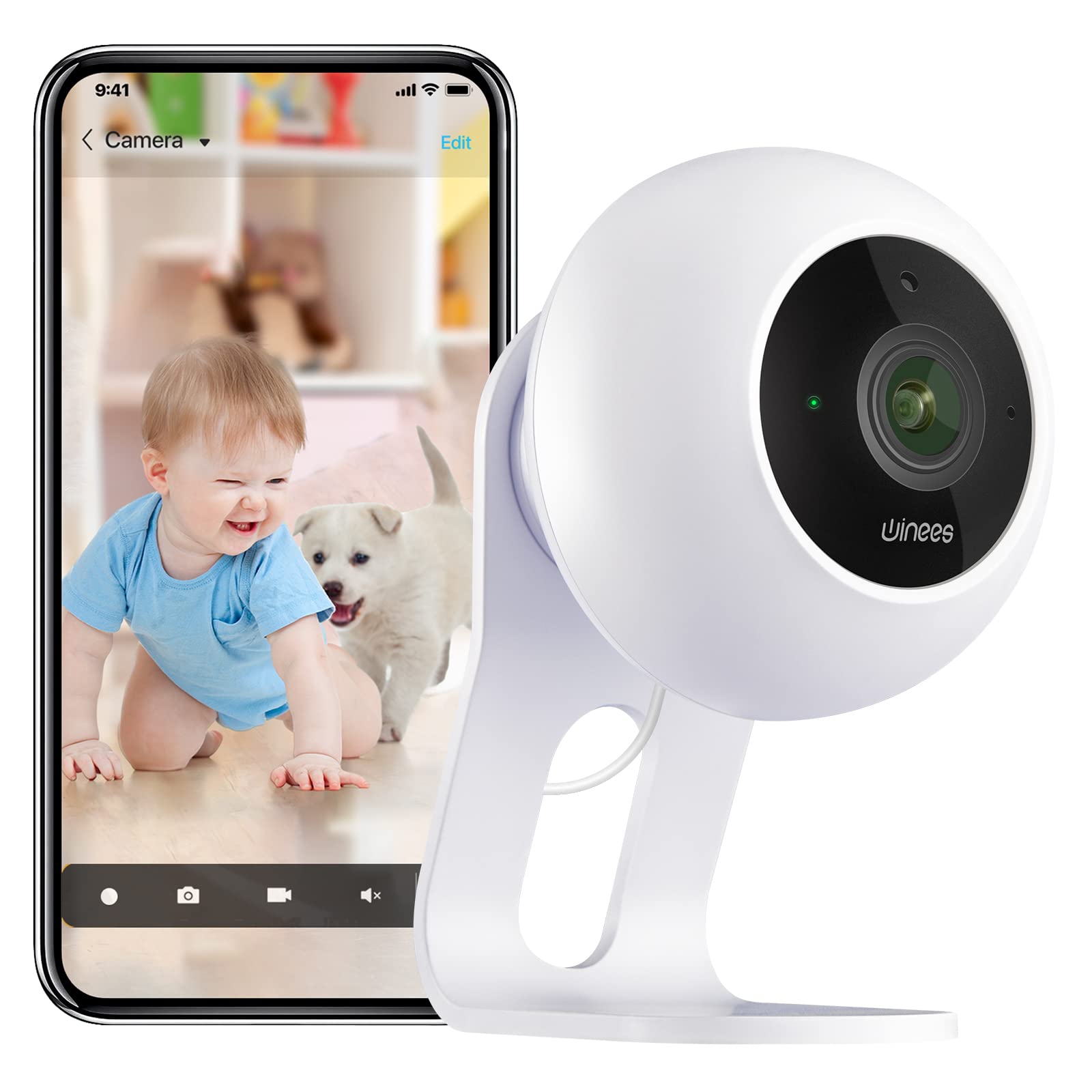 Winees Baby Monitor Mini Indoor Cam, Smart WiFi Security Camera 1080P Nanny and Pet Monitor with Night Vision, Two-Way Audio, Motion Detection, App Control,Multifunctional Portable, 2.4 GHz WiFi Only