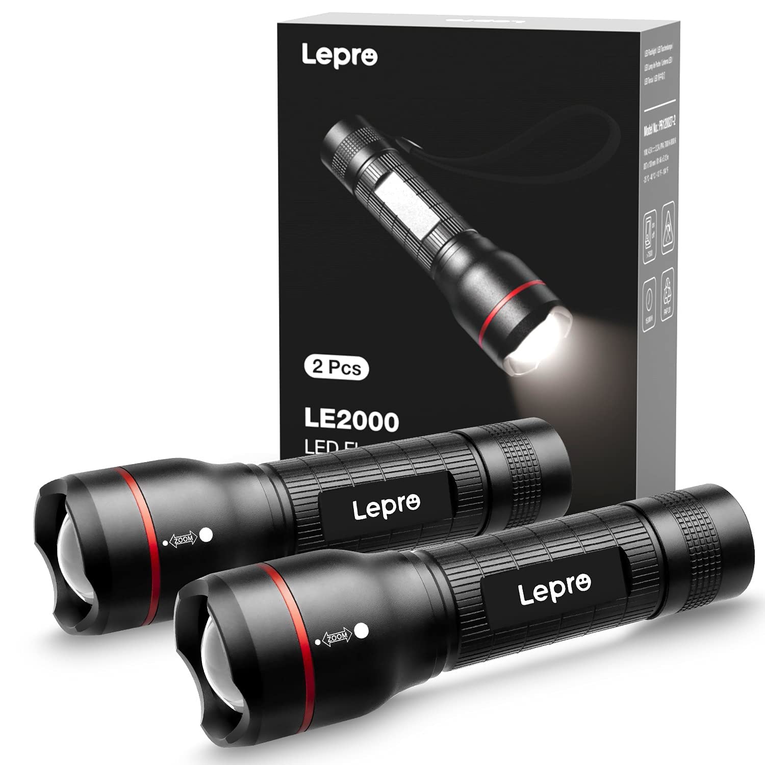 Lepro LED Torch, [2 Pack] LE2000 Torch, Super Bright, 5 Modes, Zoomable, Water Resistant, Pocket Size & Lightweight, AAA Battery Operated, Two Battery Options, for Outdoor Use & Indoor Emergency Use