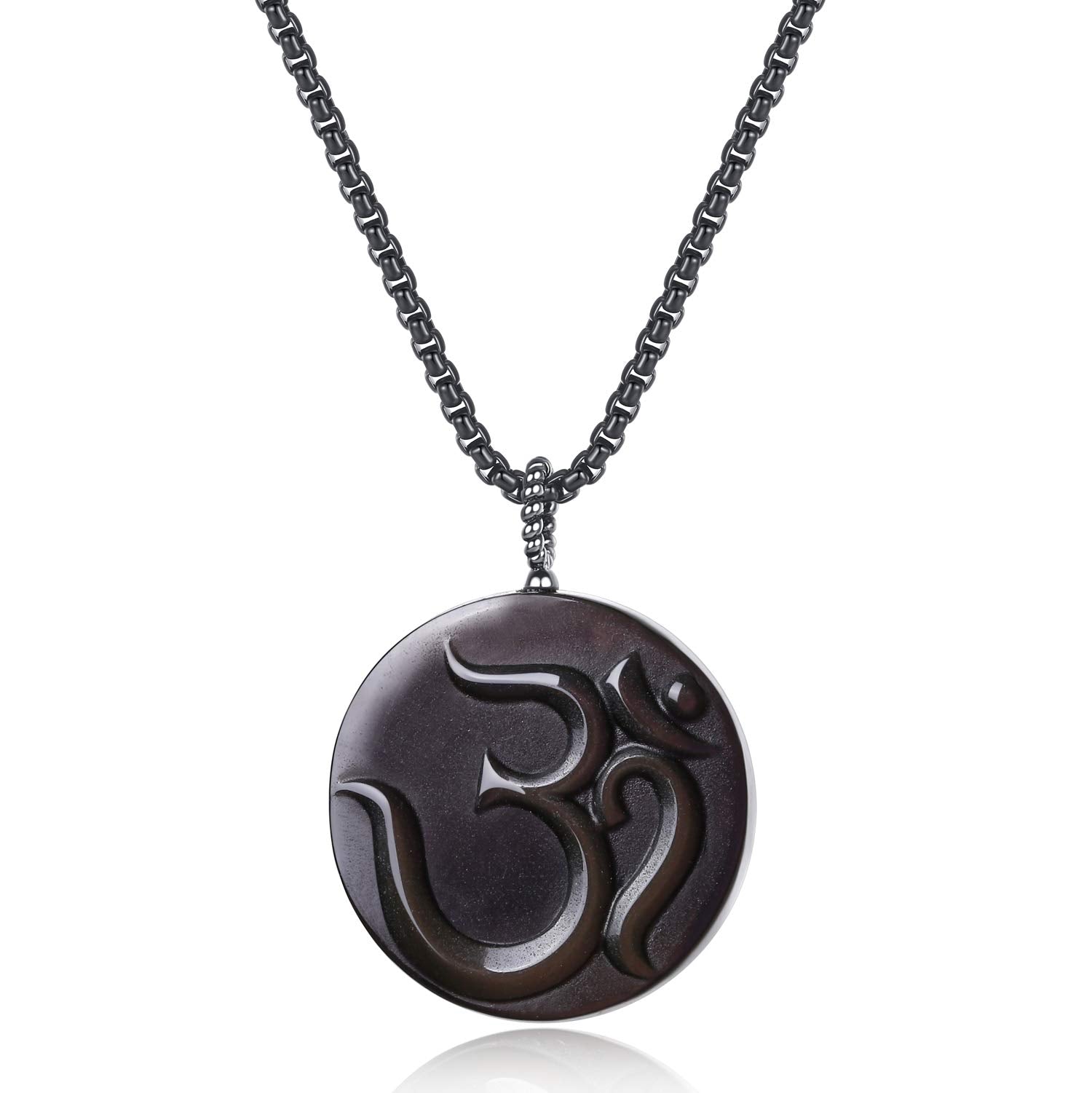 COAI OM Black Obsidian Stone Prayer Pendant Necklace