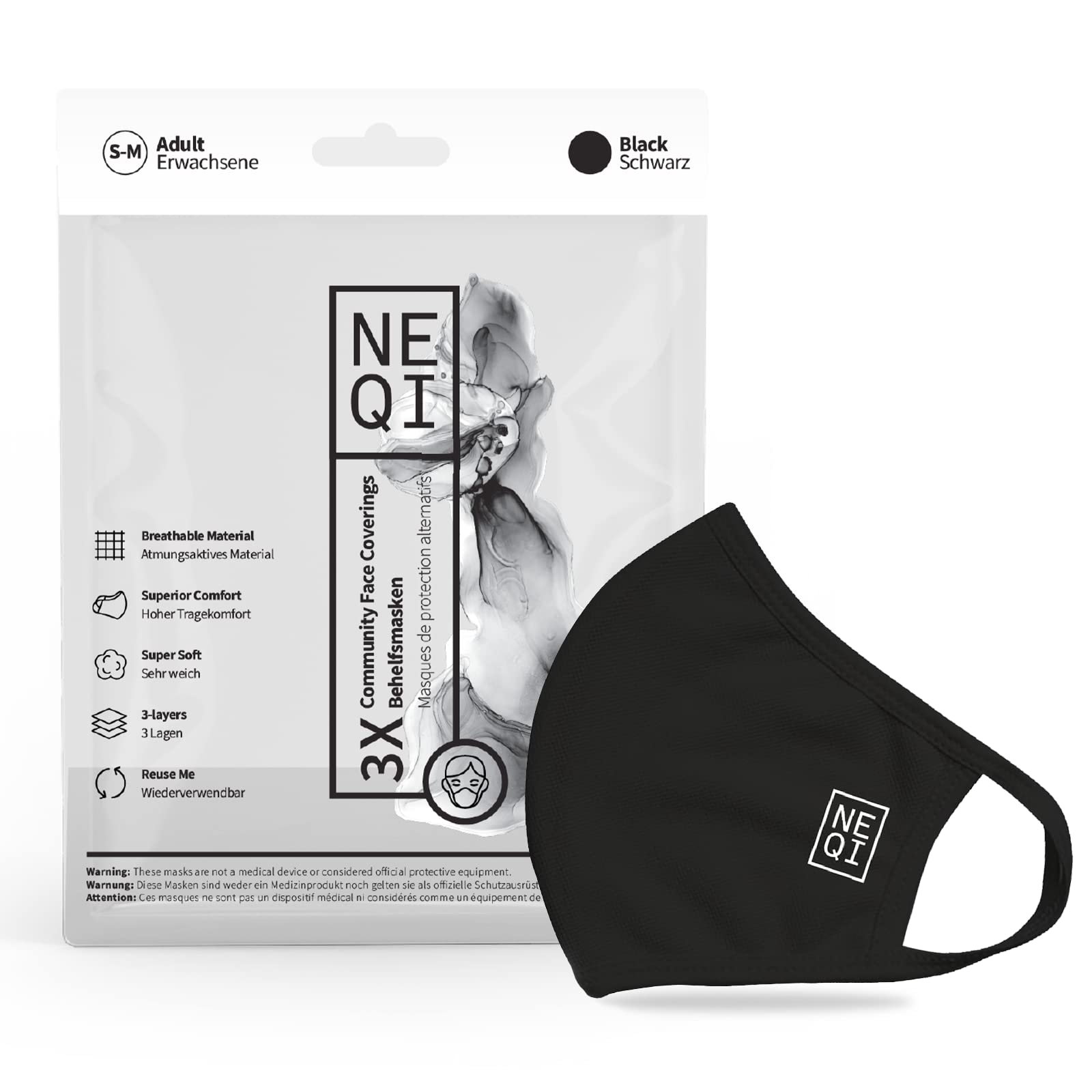 Black NEQI Face Mask reusable - 3x Unisex Face Mask with 3 layer protection, filtering 80% of particles I Lightweight & Comfortable Face Covering