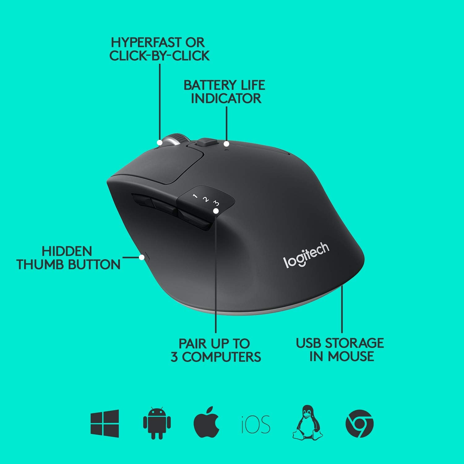 Logitech M720 Triathlon Multi-Device Wireless Mouse, Bluetooth, USB Unifying Receiver, 1000 DPI, 6 Programmable Buttons, 2-Year Battery, Compatible with Laptop, PC, Mac, iPadOS - Grey