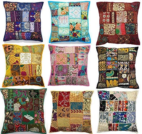 Labhanshi 10pc Embroidered Sari Patchwork Cushion Cover, 17x17 Indian Ethnic Pillow Covers, Handmade Patchwork Cushion Pillow, Sari Patch Throw Pillow