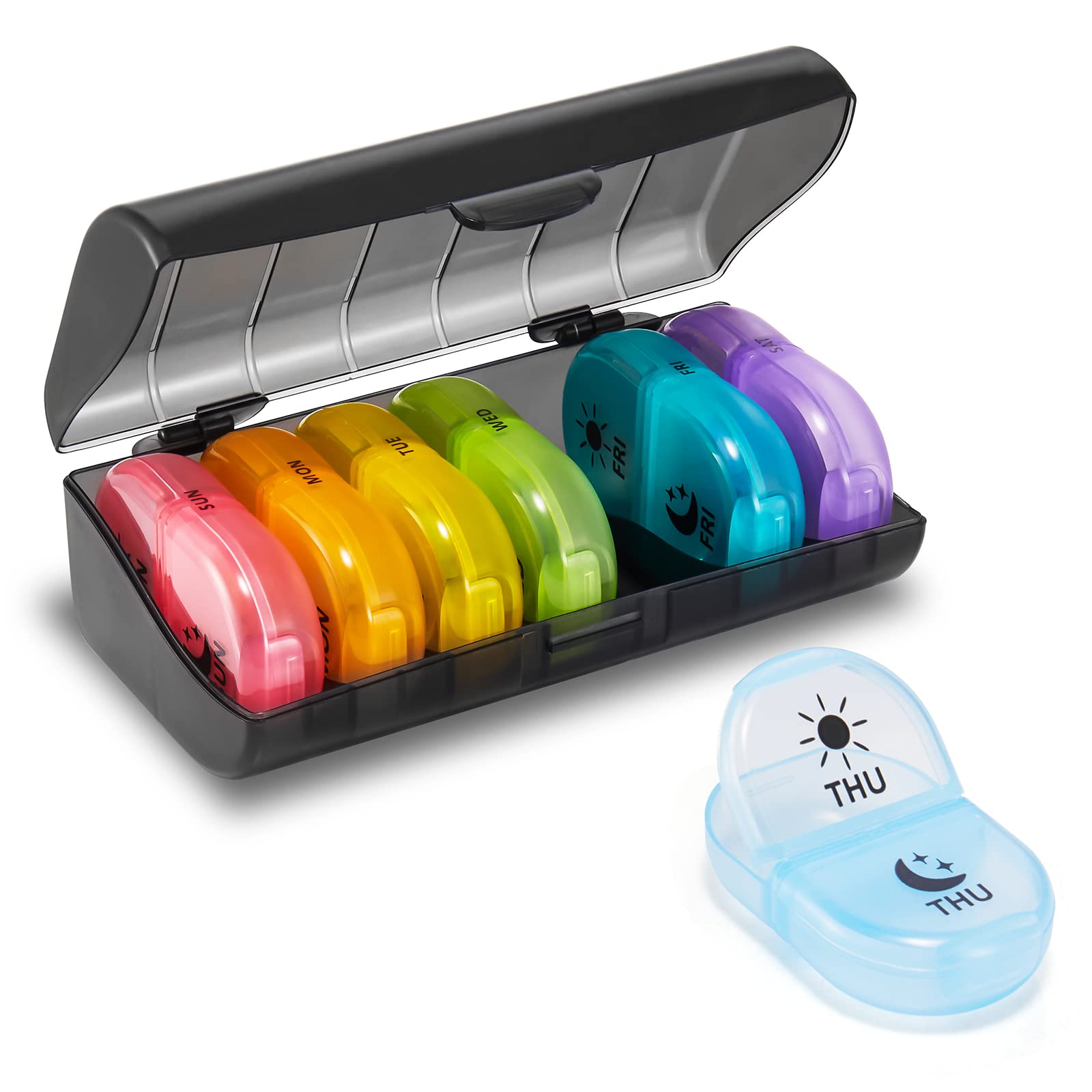 Fullicon Pill Box 2 Times A Day, Travel 7 Day Pill Organiser, Weekly Medicine Organiser with Large Compartments to Hold Medication, Vitamin, Supplement, Tablet and Fish Oil Supplements (Rainbow)