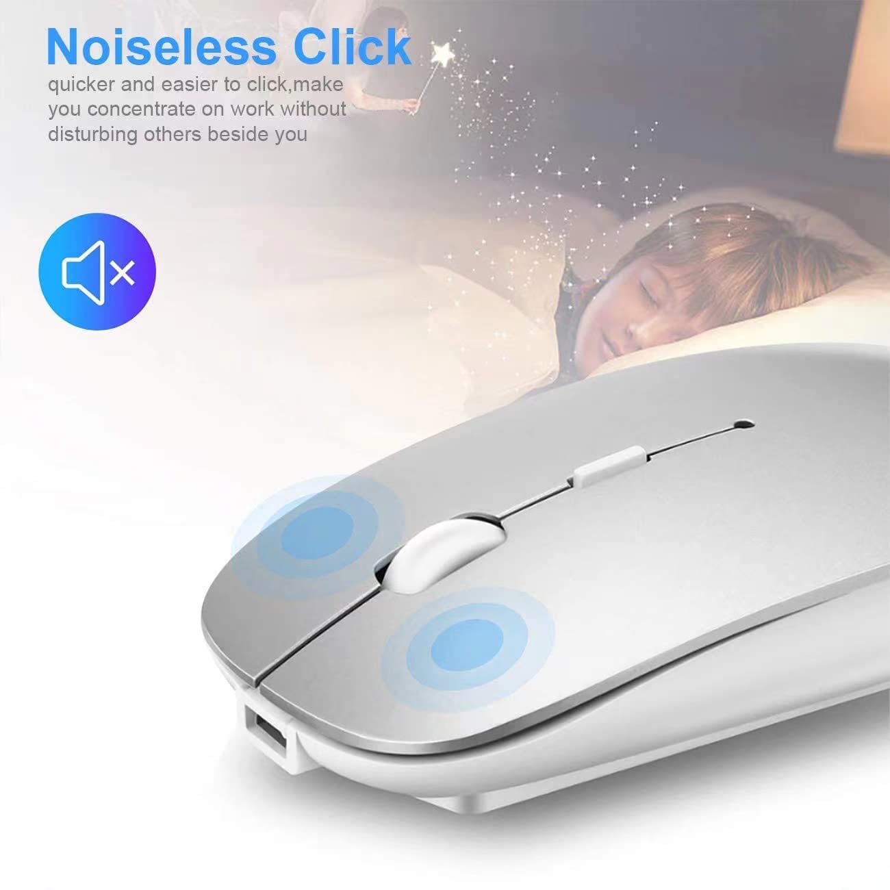 Bluetooth Mouse for Laptop/iPad/iPhone/Mac(iOS13.1.2 and Later)/PC, Rechargeable Noiseless Mini Wireless Mouse Compatible with Android/ Windows/Linux, Silver