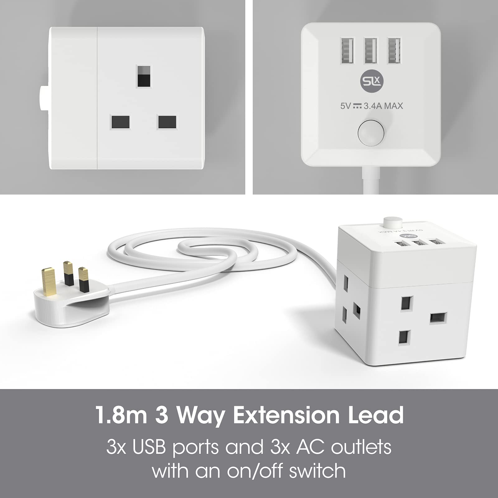 3M Extension Lead with USB Slots,13A 5 Way Socket Extensions with