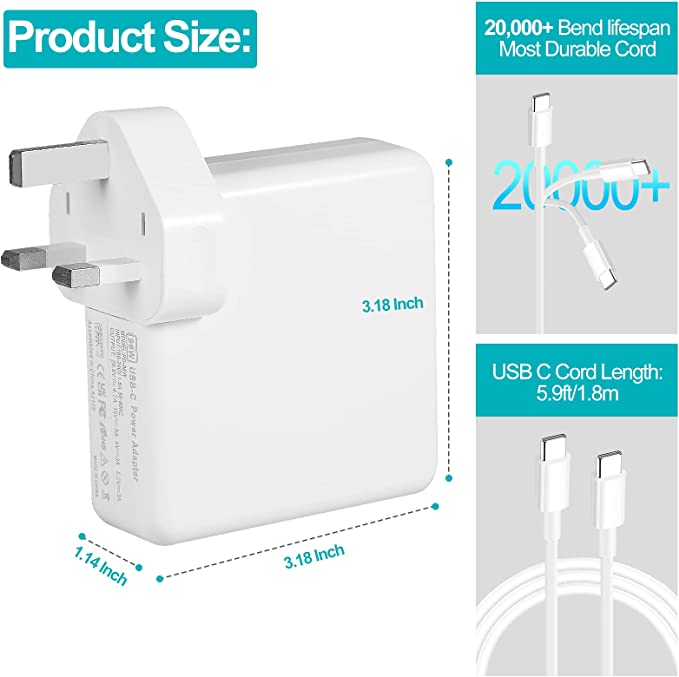 MacBook Pro Charger-96W USB C Charger Power Adapter Compatible with Mac Book Pro 13 14 15 16 inch, MacBook Air 2018 2019 2020 13 inch,New iPad Pro 12.9/11 inch,Included USB C to C Cable(5.9ft/1.8m)