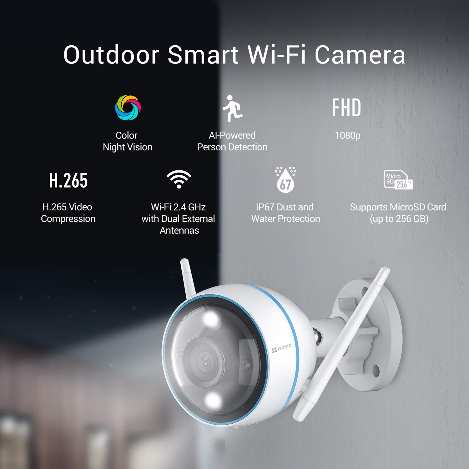 EZVIZ 1080P Security Camera Outdoor Colour Night Vision, Person Detection, IP 67 Waterproof, Customizable Detection Zones, H.265 Video Compression Works with Alexa and Google Assistant (CTQ3N)