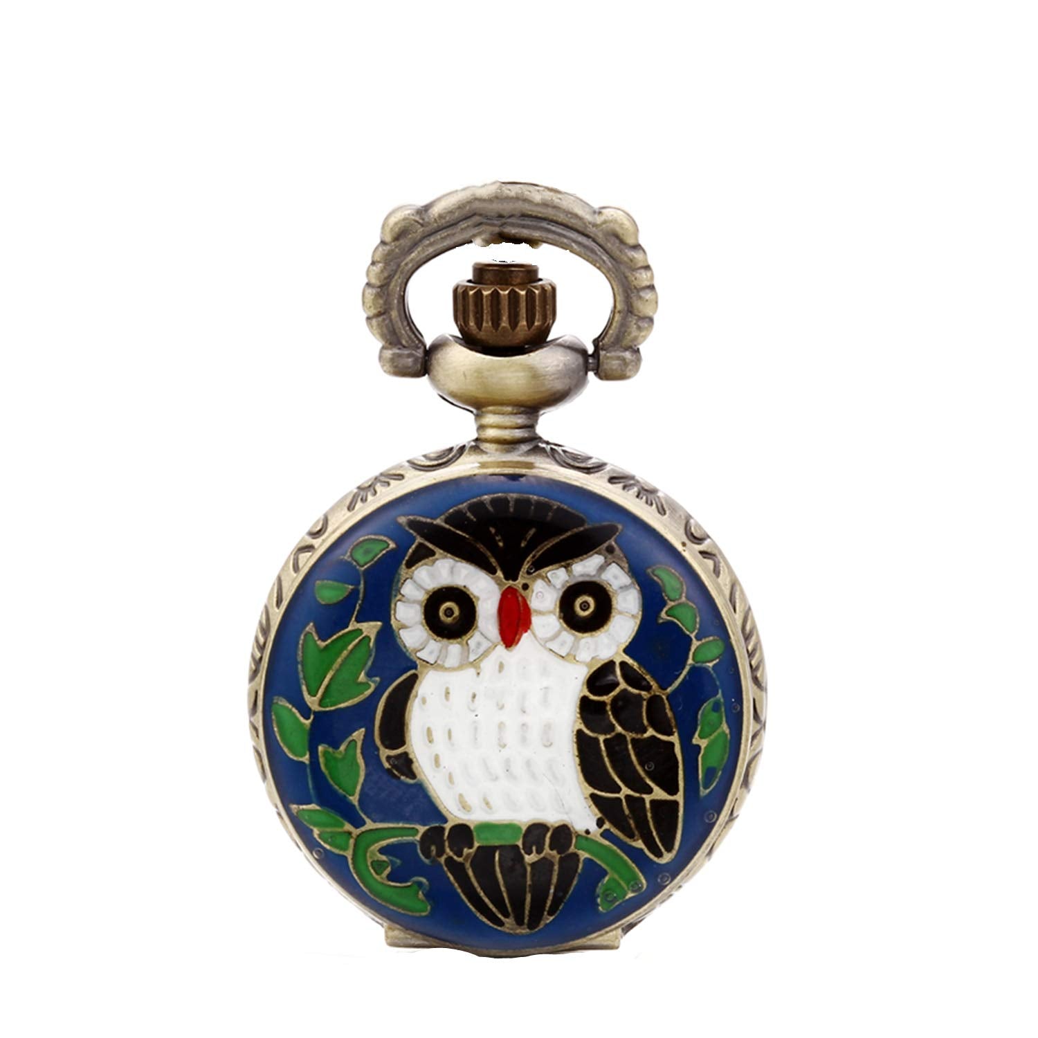 JewelryWe Blue Night Owl Quartz Pocket Watch Pendant 31" Chain Necklace (with Gift Bag)