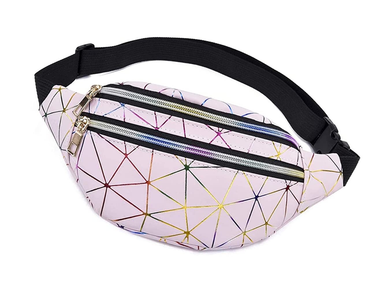 KOMUNJ Fanny Pack Holographic Waist Bag Shiny Belt Bag Festival Rave Bumbags for Ladies Travel Party Sports Running Hiking, Holographic Fanny Pack with PU Leather (Fanny Pack Holographic Pink)