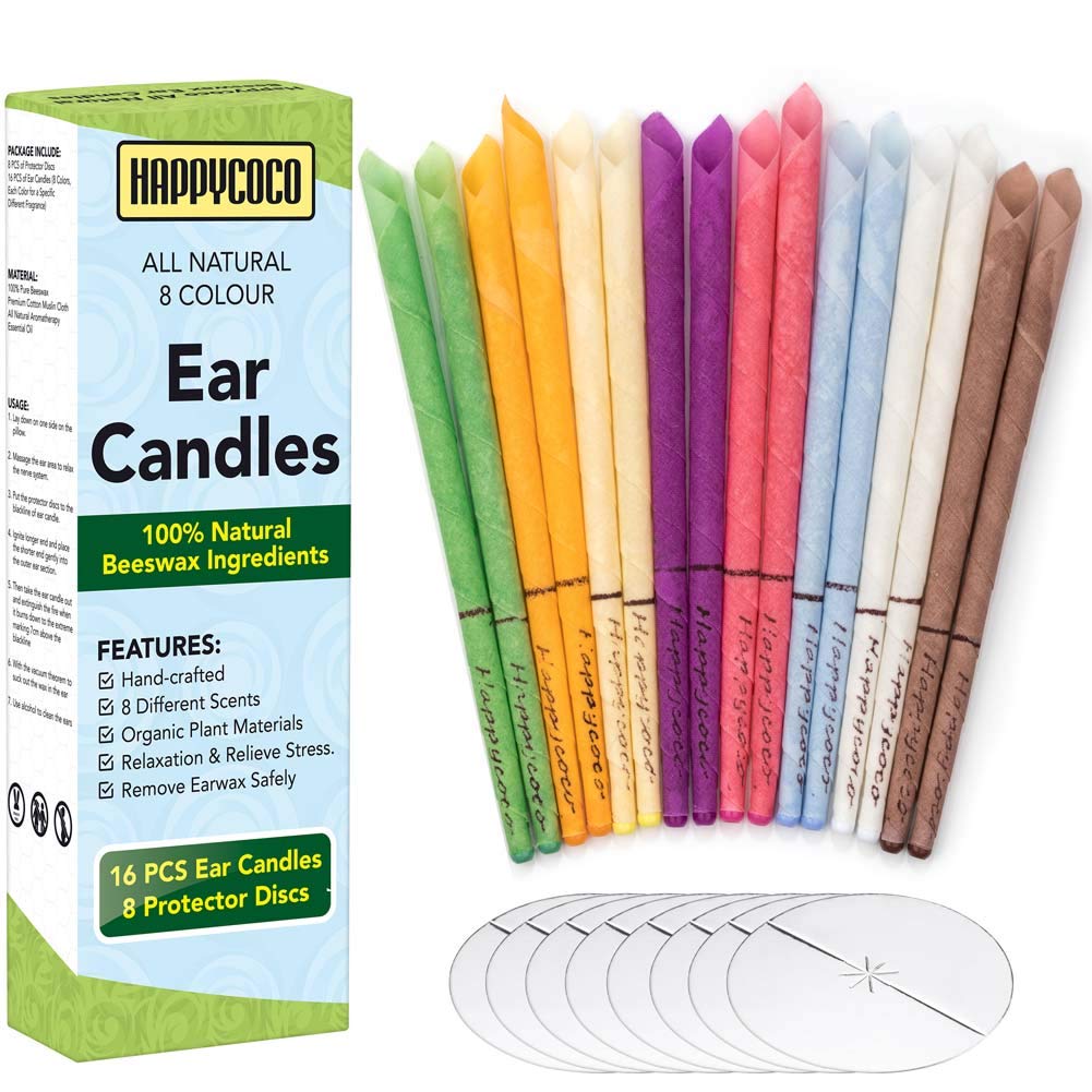 Happycoco All Natural Ear Candles Beeswax Candling Cones - 16 Pcs (8 Colours), 100% Non-Toxic Cylinders Fragrance Hollow Cone Candles with 8 Protective Disks