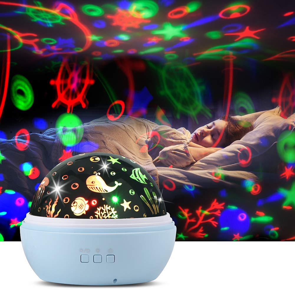 Baby Night Light, 2 in 1 LED Starry Light Projector Lamp Ocean Wave Projector, 8 Colors 360° Rotating Baby Projector Lights for Kids Bedroom Decoration