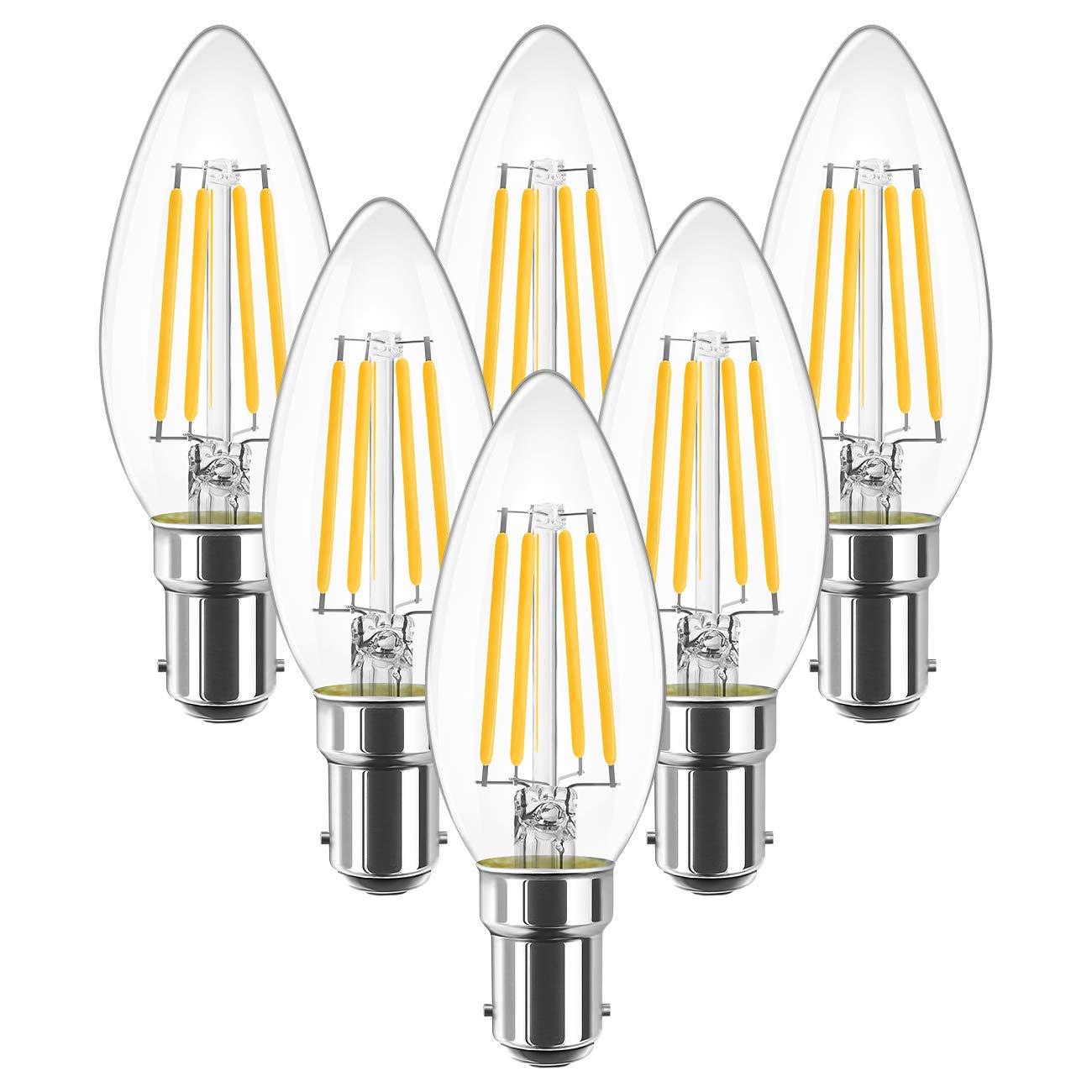 ANWIO B15 LED Filament Candle Bulb,4W Small Bayonet Candle Bulbs,C35 Glass Bulb,40W Incandescent Bulb Equivalent,470Lm, 2700K Warm White Chandeliers Candelabras Bulb, Non-dimmable (6 Pack)