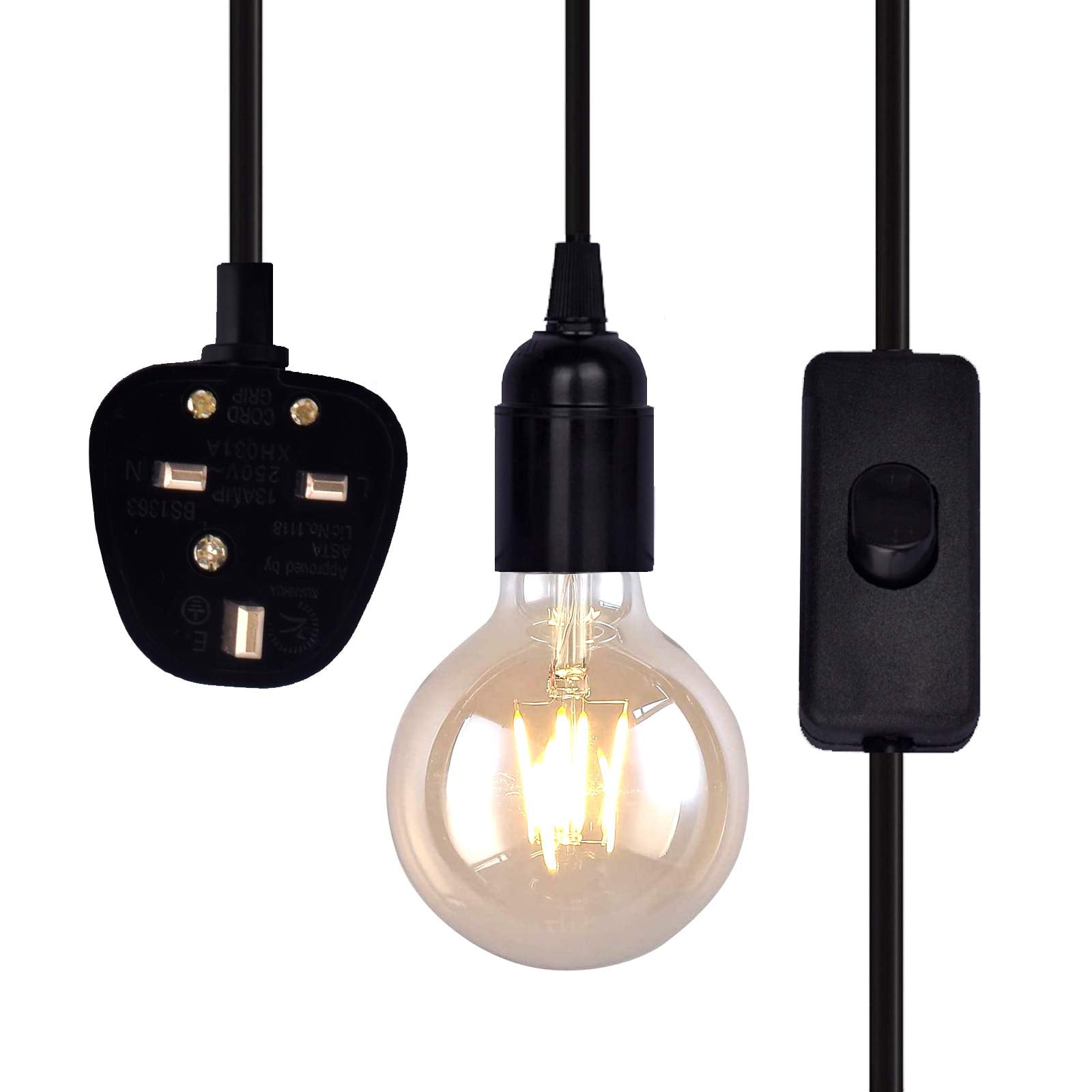 Plug in Pendant Light Ceiling Lighting Fitting, E27 Lamp Holder Extension Thick Cable with Switch Pendant Lamp Kit, 2 Core Hanging Lamp Cable Plug, Bulbs not Included (Black, 2m)