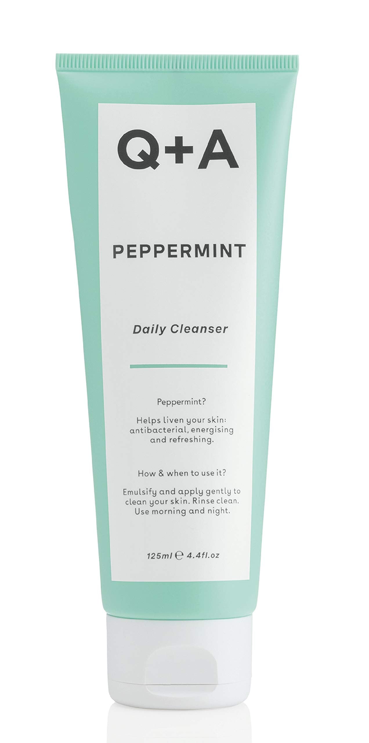 Q+A Peppermint Daily Cleanser. A gentle face wash to energise and refresh your skin. 125ml/4.4fl.oz