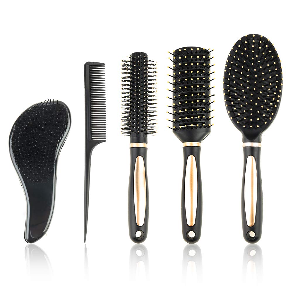 5 Pieces Hair Brush Set Detangling Brush Paddle Brush Round Hair Brush Tail Comb Wet Dry Brush for Women Men Hair Styling (Black)