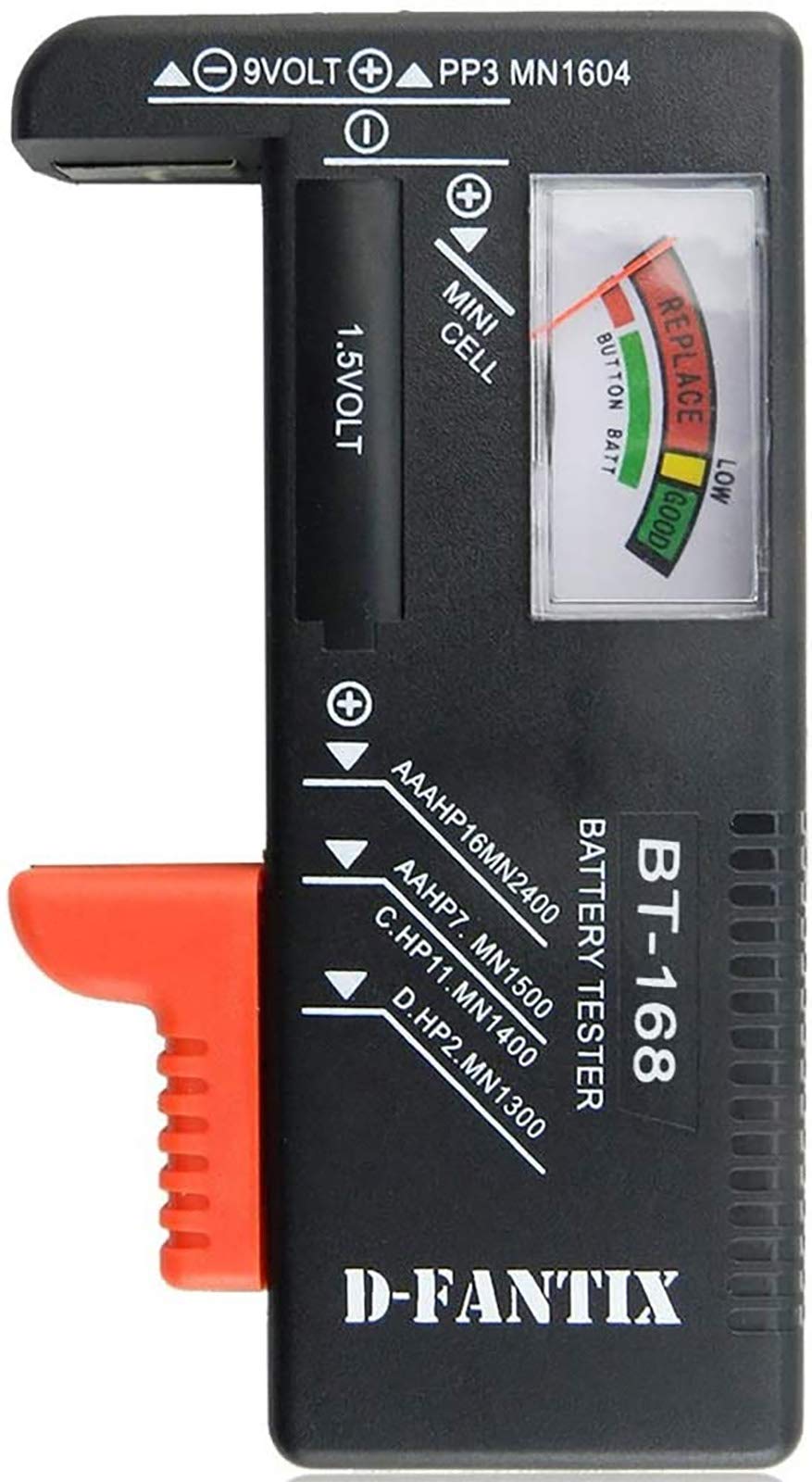 D-FantiX Analogue Battery Tester, Battery Checker for AA AAA C D 9V 1.5V Button Cell Batteries (Model: BT-168)