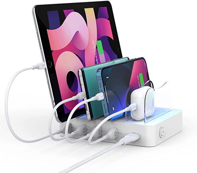 SOOPII Charging Station for Multiple Devices, 4-Port Charger Station with 6 Charging Cables Included,Desk Organizer Charge Station for Home,Office,Travel