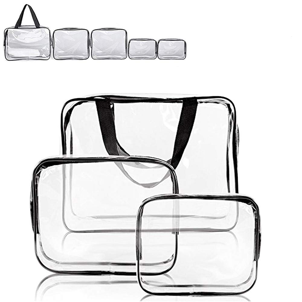 Clear Makeup Bags, APREUTY TSA Approved 5Pcs Cosmetic Makeup Bags Set Waterproof Clear PVC with Zipper Handle Portable Travel Luggage Pouch Airport Airline Vacation Organization Christmas Gifts