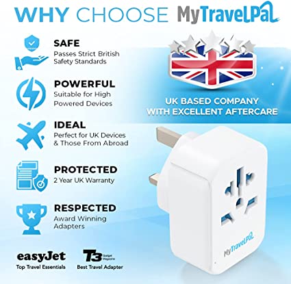 US To UK Plug Adapter With USB Ports | MyTravelPal® World To UK Charger - Accepts USA, Europe, Australia, China Plugs For Use in UK | Type G Adaptor