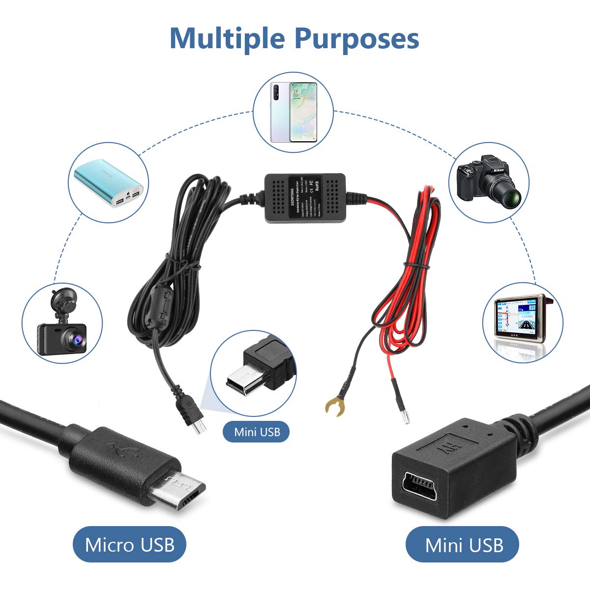 Dash Cam Hardwire Kit, Universal Hard Wire Kit for Dash Camera with Mini/Micro Port, 13ft Car Camera Charge Power Cord Kit 12V- 24V to 5V,Power Adapter with LP/Mini/ATO/Micro2 Fuse for Dashcam GPS etc