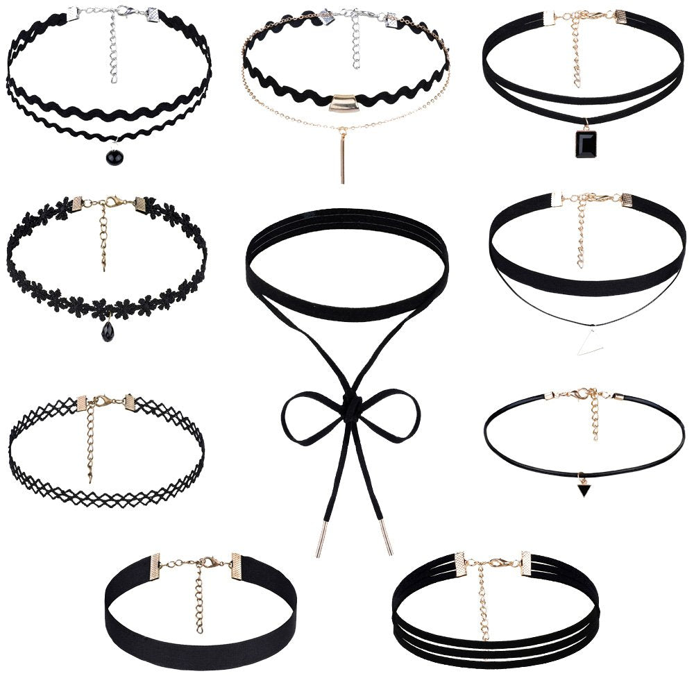 Rovtop 10 Pieces Choker Necklace for Women Girls, Black Classic Velvet Stretch Gothic Tattoo Lace