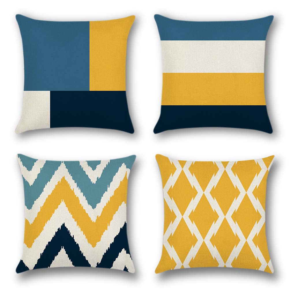 Artscope Throw Pillow Case Cushion Covers 45 x 45 cm Polyester Square Decorative Pillow Covers for Sofa Car Bedroom Indoor Outdoor, Set of 4 (Geometric Pattern Yellow with Navy Blue)