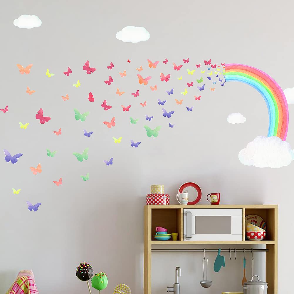88 pcs Rainbow Butterflies Wall Stickers,Large Rainbow Wall Decals,Watercolor Butterfly Window Stickers,Removable DIY Rainbow Butterfly Cloud Art Wall for Bedroom Kinds Room Nursery Window Decoration