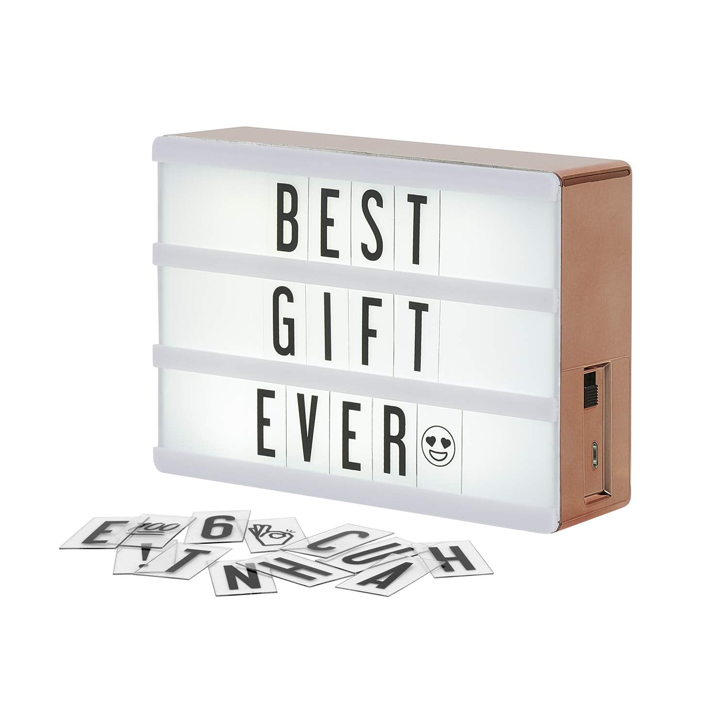 My Cinema Lightbox Rose Gold Light Box, Micro LED Marquee with 100 Letters, Numbers and Emojis, DIY Mini Sign, A6 Size 4x6 inches, Metallic Rose Gold Finish With Matching Braided Rose Gold USB Cable