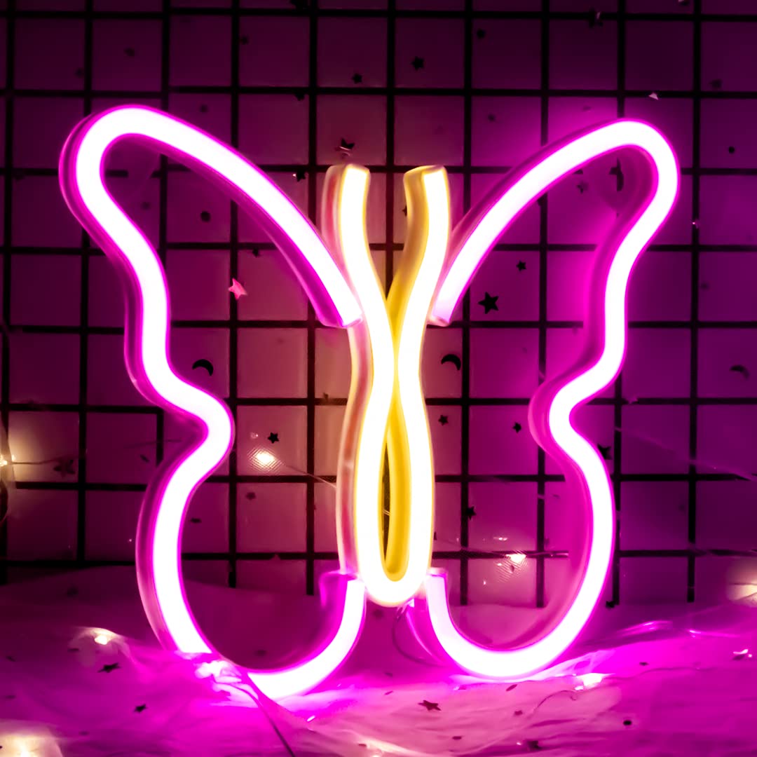 Butterfly Neon Signs Lights for Bedroom Wall Decor, USB or Battery LED Neon Night Light Wall Decoration, Aesthetic Room Decor for Girls, Kids, Living Room, Bar, Dorm, Men Cave (B-Pink/Yellow)