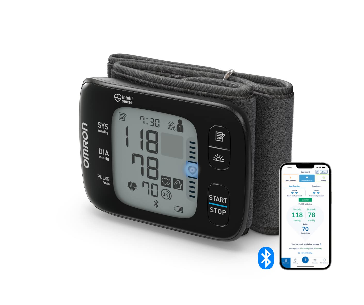OMRON RS7 Automatic Wrist Blood Pressure Monitor for home use or on the go, clinically validated, including use on obese people, with free Smartphone App for iOS/Android and positioning sensor