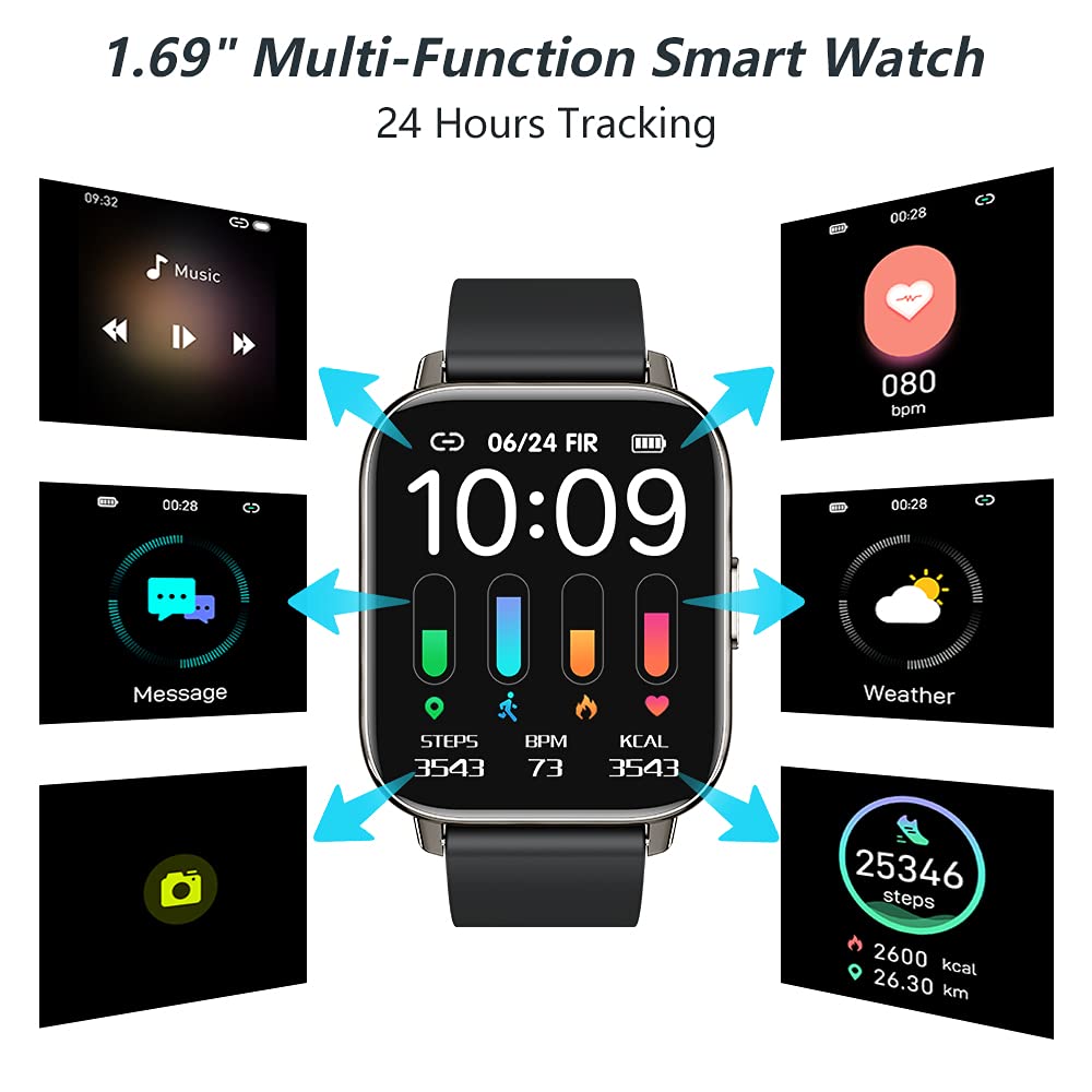 Smart Watch for Man 2022, 1.69'' Full Touch Fitness Watch Waterproof IP67 Sport Watch Heart Rate and Sleep Monitor, 24 Sports Modes Smartwatch Man, Health Watch with Notification for Android ios