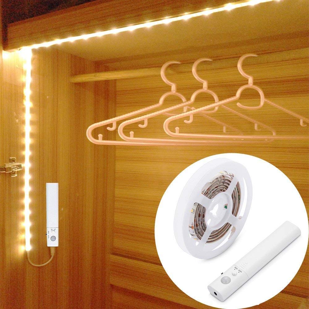 Motion Sensor Wardrobe Light, OriFiil LED Strip Lights Night Light, 3000K Warm White, PIR Auto on/Off, Battery Powered for Bedside, Closet, Cabinet, Kitchen, Stairs, Under Bed Lighting (1M Battery)