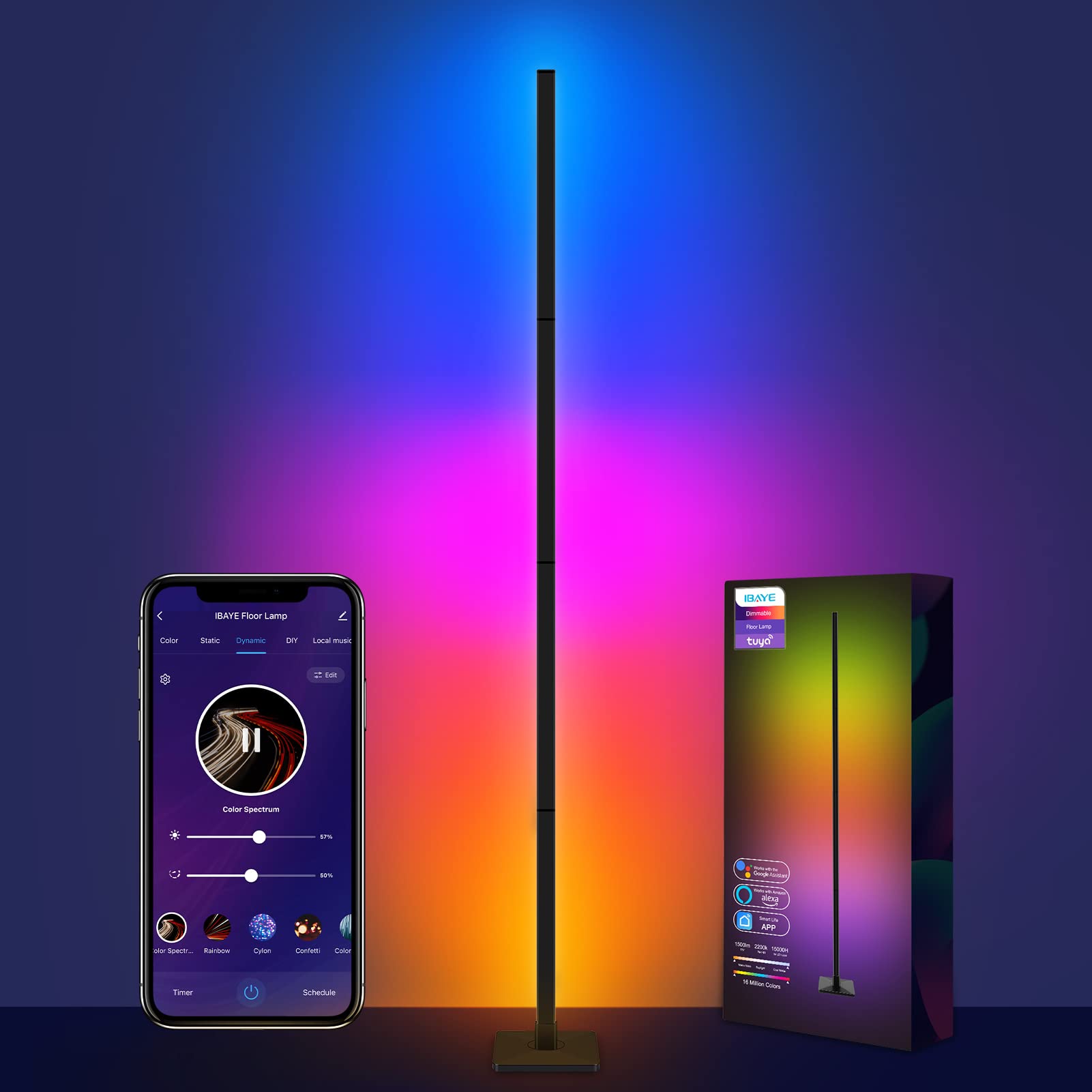 IBAYE Smart LED Floor Lamp, RGB Corner Floor Lamp, Music and DIY Mode, Modern Standing Lamp with Alexa, Google Assistant and WiFi APP, Color Changing Mood Lighting for Living Room, Bedroom (Black)